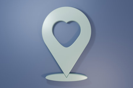 Gray Map pointer with heart icon isolated on purple-blue background. Valentines day. Love location. Romantic map pin. Minimalism concept. 3D render illustration.の写真素材