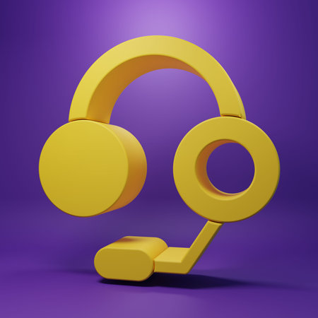 Yellow Headphones icon isolated on purple background. earphones. Concept for listening to music, service, communication and operator. Minimalism concept. 3D render illustration.の写真素材