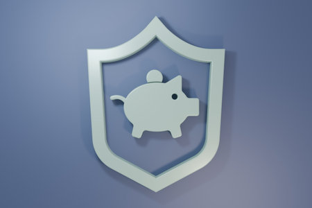 Gray Piggy bank with shield icon isolated on purple-blue background. Icon saving or accumulation of money, investment. Minimalism concept. 3D render illustration.の写真素材