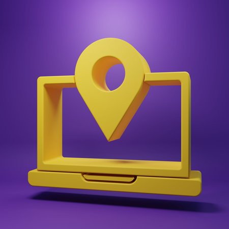 Yellow Laptop with location marker icon isolated on purple background. Minimalism concept. 3D render...