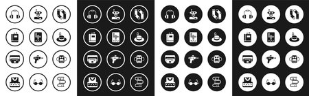 Set Socks Crossword Book Headphones Man hat Robot School backpack and Waist bag of banana icon. Vector.のイラスト素材