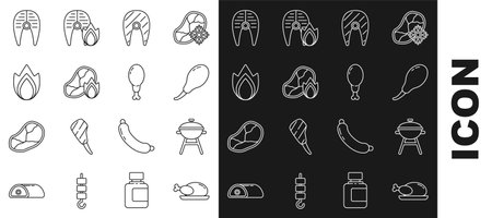 Set line Roasted turkey or chicken Barbecue grill Chicken leg Fish steak Grilled meat and fire flame Fire and icon. Vector.のイラスト素材