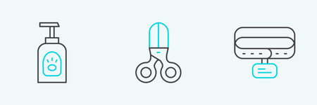 Set line Collar with name tag Pet shampoo and Scissors hairdresser icon. Vector.のイラスト素材