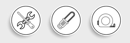 Set line Roulette construction Screwdriver and wrench and Chainsaw icon. Vector.