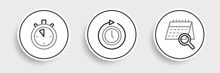 Set line Calendar search Stopwatch and Clock with arrow icon. Vector.