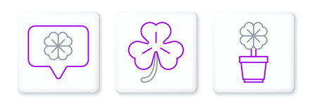 Set line Four leaf clover in pot speech bubble and icon. Vector.