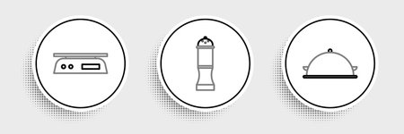 Set line Covered with a tray of food Electronic scales and Pepper icon. Vector.のイラスト素材