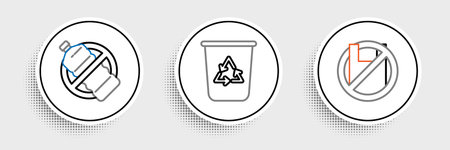 Set line Say no to plastic bags poster No bottle and Recycle bin with recycle symbol icon. Vector.のイラスト素材