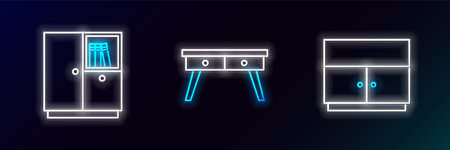 Set line Wardrobe and Office desk icon. Glowing neon. Vector.のイラスト素材