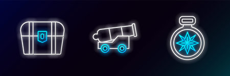 Set line Compass Antique treasure chest and Cannon icon. Glowing neon. Vector.のイラスト素材