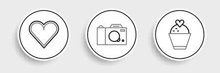 Set line Wedding cake with heart Heart and Photo camera icon. Vector.