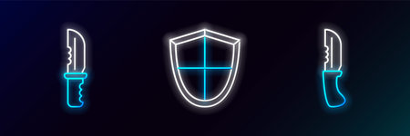 Set line Military knife and Shield icon. Glowing neon. Vector.のイラスト素材