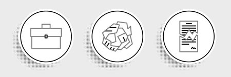 Set line Torn contract Briefcase and Crumpled paper ball icon. Vector.のイラスト素材