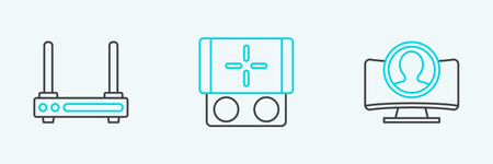 Set line Create account screen Router and wi-fi signal and Portable video game console icon. Vector.のイラスト素材