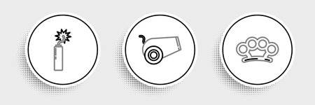 Set line Brass knuckles Dynamite bomb stick clock and Cannon icon. Vector.のイラスト素材