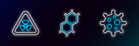 Set line Virus Triangle with radiation and Chemical formula icon. Glowing neon. Vector.のイラスト素材