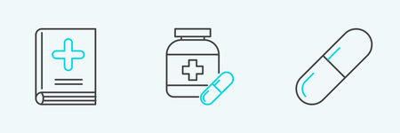 Set line Medicine pill or tablet Medical book and bottle and pills icon. Vector.のイラスト素材