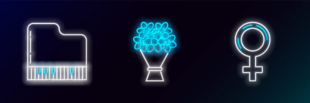 Set line Female gender symbol Grand piano and Bouquet of flowers icon. Glowing neon. Vector.のイラスト素材