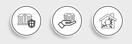 Set line House with shield and in hand icon. Vector.のイラスト素材