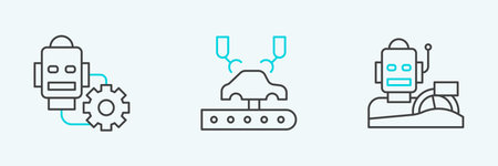 Set line Robot humanoid driving a car setting and Robotic robot arm on factory icon. Vector.のイラスト素材