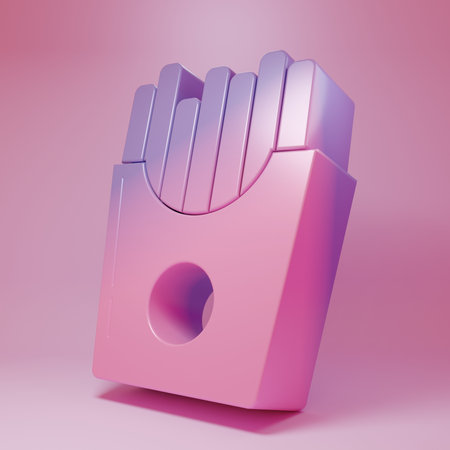 Purple-pink Potatoes French fries in carton package box icon isolated on pink background. Fast food menu. Minimalism concept. 3D render illustration.の写真素材
