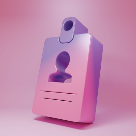 Purple-pink Identification badge icon isolated on pink background. It can be used for presentation, identity of the company, advertising. Minimalism concept. 3D render illustration.の写真素材