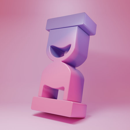 Purple-pink Old hourglass with flowing sand icon isolated on pink background. Sand clock sign. Business and time management concept. Minimalism concept. 3D render illustration.の写真素材