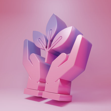 Purple-pink Plant in hand of environmental protection icon isolated on pink background. Seed and seedling. Planting supply. Ecology concept. Minimalism concept. 3D render illustration.の写真素材