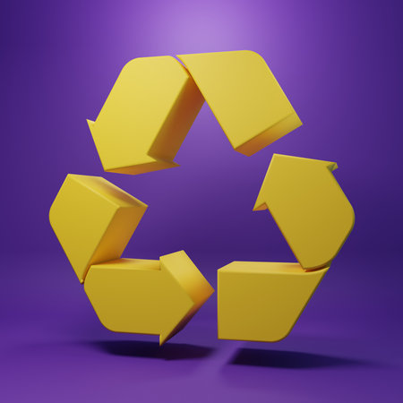 Yellow Recycle symbol icon isolated on purple background. Circular arrow icon. Environment recyclable go green. Minimalism concept. 3D render illustration.の写真素材