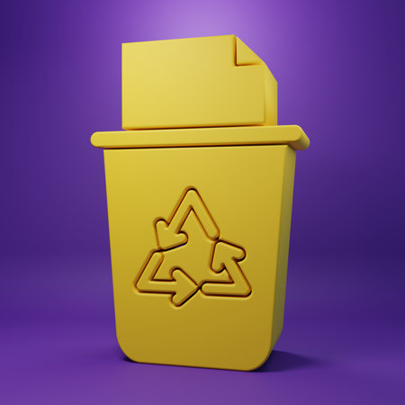 Yellow Recycle bin with recycle symbol icon isolated on purple background. Trash can icon. Garbage bin sign. Recycle basket sign. Minimalism concept. 3D render illustration.の写真素材