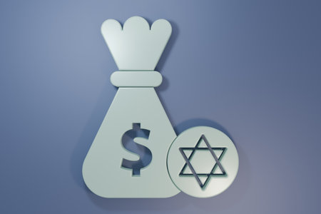 Gray Jewish money bag with star of david and coin icon isolated on purple-blue background. Currency symbol. Minimalism concept. 3D render illustration.の写真素材