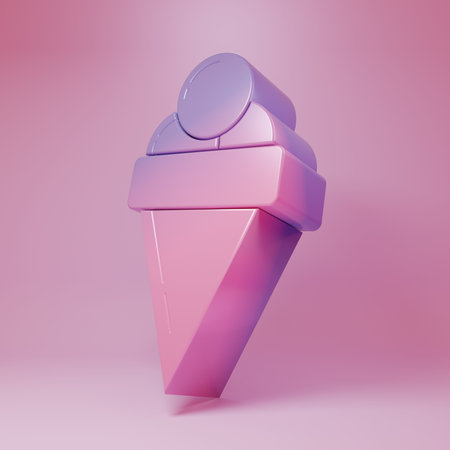 Purple-pink Ice cream in waffle cone icon isolated on pink background. Sweet symbol. Minimalism concept. 3D render illustration.の写真素材