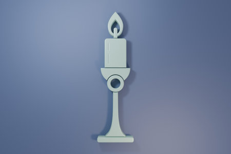 Gray Burning candle in candlestick icon isolated on purple-blue background. Old fashioned lit candle. Cylindrical candle stick with burning flame. Minimalism concept. 3D render illustration.の写真素材