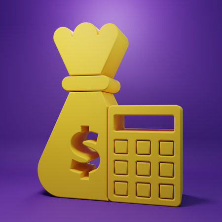 Yellow Calculator with money bag icon isolated on purple background. Accounting sign. Calculate finance symbol. Minimalism concept. 3D render illustration.の写真素材