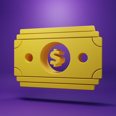 Yellow Stacks paper money cash icon isolated on purple background. Money banknotes stacks. Bill...