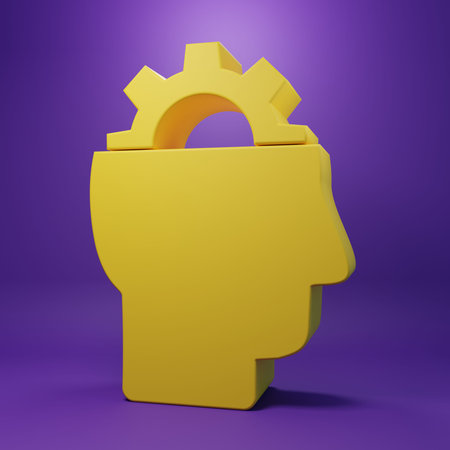 Yellow Human with gear inside icon isolated on purple background. Artificial intelligence. Thinking...