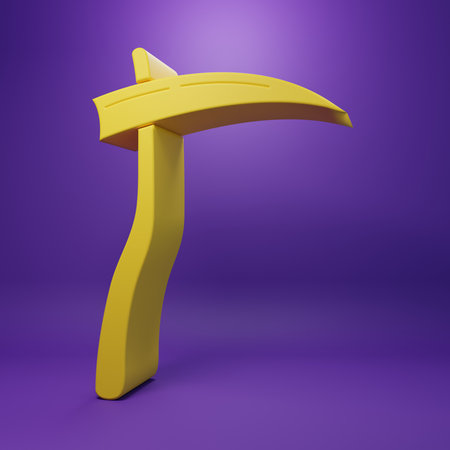 Yellow Scythe icon isolated on purple background. Happy Halloween party. Minimalism concept. 3D render illustration.の写真素材