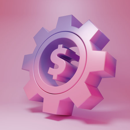 Purple-pink Gear with dollar symbol icon isolated on pink background. Business and finance conceptual icon. Minimalism concept. 3D render illustration.の写真素材