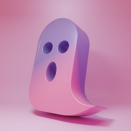 Purple-pink Ghost icon isolated on pink background. Happy Halloween party. Minimalism concept. 3D render illustration.の写真素材