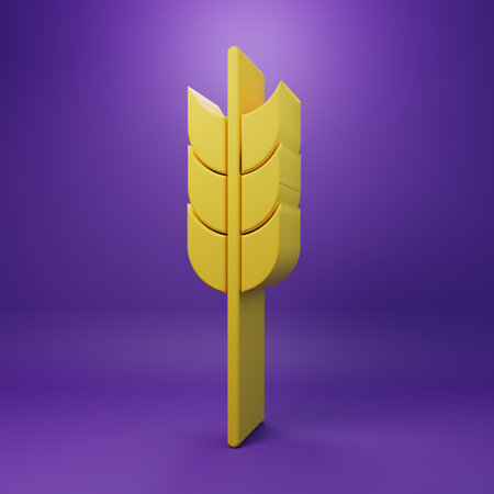 Yellow Cereals set with rice, wheat, corn, oats, rye, barley icon isolated on purple background. Ears of wheat bread symbols. Minimalism concept. 3D render illustration.の写真素材