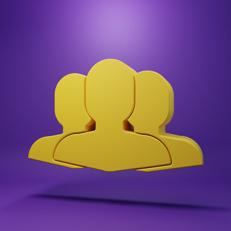 Yellow Users group icon isolated on purple background. Group of people icon. Business avatar symbol users profile icon. Minimalism concept. 3D render illustration.の写真素材
