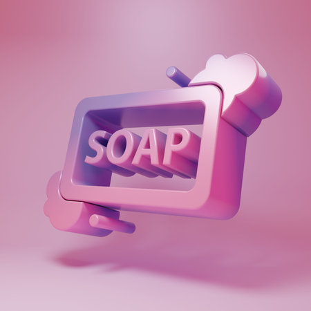Purple-pink Bar of soap with foam icon isolated on pink background. Soap bar with bubbles. Minimalism concept. 3D render illustration.の写真素材