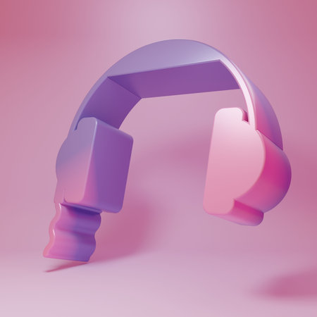 Purple-pink Headphones icon isolated on pink background. Earphones sign. Concept for listening to music, service, communication and operator. Minimalism concept. 3D render illustration.の写真素材