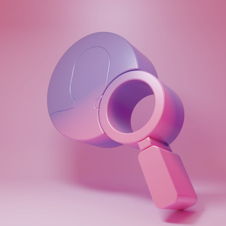 Purple-pink Magnifying glass for search a people icon isolated on pink background. Recruitment or selection concept. Search for employees and jobs. Minimalism concept. 3D render illustration.の写真素材