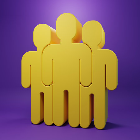 Yellow Users group icon isolated on purple background. Group of people icon. Business avatar symbol users profile icon. Minimalism concept. 3D render illustration.の写真素材