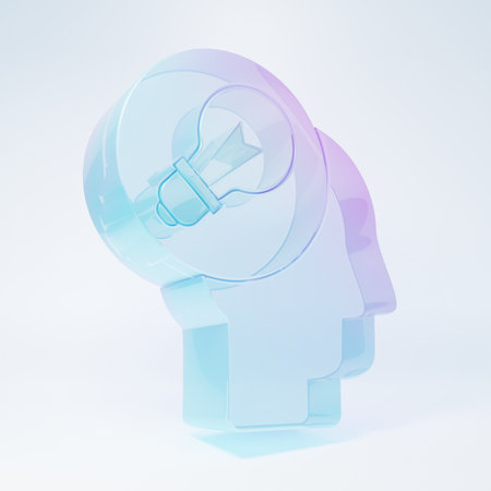 Frosted glass Human head with lamp bulb icon isolated on white background. Minimalism concept. 3D render illustration.の写真素材