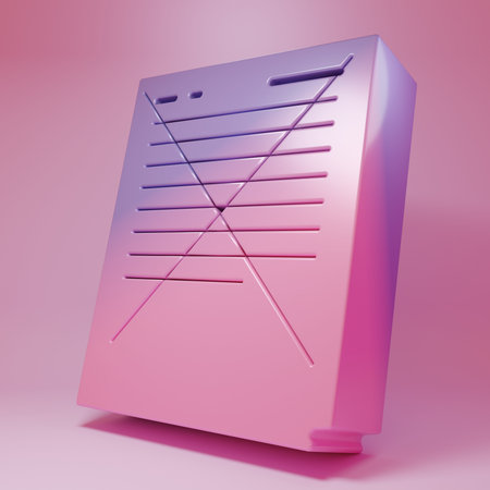 Purple-pink Exam paper with incorrect answers survey icon isolated on pink background. Bad mark of test results, concept of unsuccessful report. Minimalism concept. 3D render illustration.の写真素材