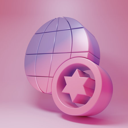 Purple-pink World Globe and Israel icon isolated on pink background. Minimalism concept. 3D render illustration.の写真素材
