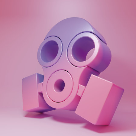 Purple-pink Gas mask icon isolated on pink background. Respirator sign. Minimalism concept. 3D render illustration.の写真素材