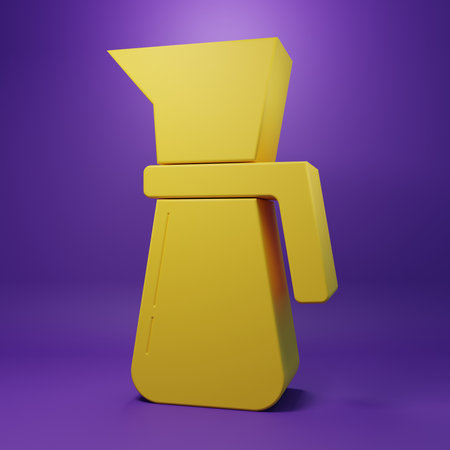 Yellow Measuring cup to measure dry and liquid food icon isolated on purple background. Plastic graduated beaker with handle. Minimalism concept. 3D render illustration.の写真素材